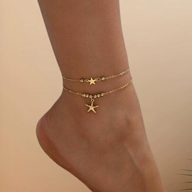 Allereyae Vintage Gold Starfish Anklet Bracelet Sea Starfish Anklet Adjustable Star Fish Foot Chain Layered Star Bracelet Bead Ball Jewelry for Women