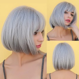 Qihang Silver Gray Bob Wigs for Women Short Grey Wig with Bangs Natural Grey Synthetic Wig 10" Short Bob Wigs for Cosplay Party Daily Use Heat Resistant -Silver Gray