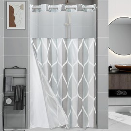 Yiatn No Hook Grey Stall Size Shower Curtain with Snap in Fabric Liner Set - Hotel Style with See Through Mesh Top Window, Modern Geometric Waterdrop Design,Waterproof and Washable, 54x80 INCH
