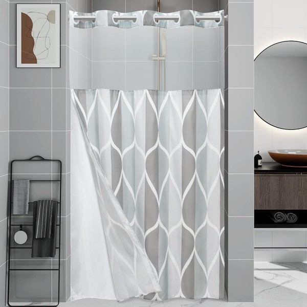 Yiatn No Hook Grey Stall Size Shower Curtain with Snap
