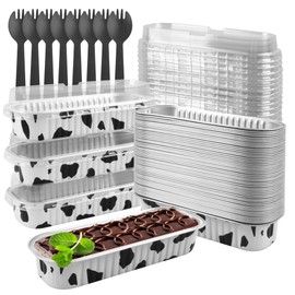 Tikxlafe - Moldes pequeños rectangulares de 193 g con tapa, 50 unidades, charola pequeña para hornear desechable, contenedor para cupcake, pastel de queso, pan, brownie, estampado de piel de vaca