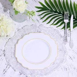 Gold Plastic Plates -Baroque White & Gold Disposable Plates for Upscale Parties & Wedding - 10 Plastic Dinner Plates - 8.5"