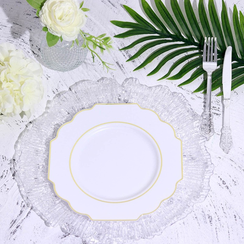 Gold Plastic Plates -Baroque White & Gold Disposable Plates for