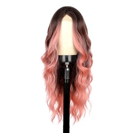 KAMA U-Part Lace Front Long Wigs For Women Middle Part Wavy Curly Wig With Dark Roots Synthetic Heat Resistant Fiber Wig For Daily Party Use (Ombre Pink Balayage)