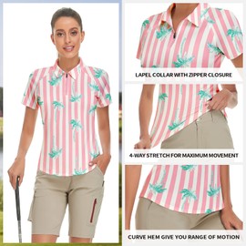 Ladies Plus Size Striped Golf Shirts Short Sleeve Dry Wick Golf Outfits (Pink Striped, 2X-Large)