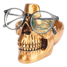 BUNCHBRAVO Skull Glasses Holder with Tray - Gothic Resin Eyeglasses Stand and Sunglasses Organizer for Entryway, Home, Office, Desk, Gold Tone