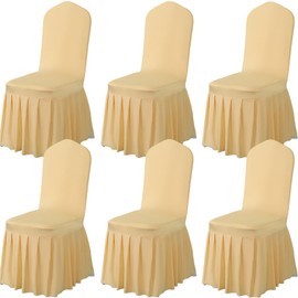Qubjus 6 Pack Stretch Spandex Dining Chair Covers with Skirt – Washable & Fitted Slipcovers for Dining Room Chairs, Weddings, Home, Hotel Decor – Champagne