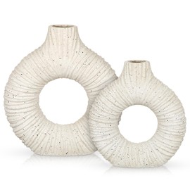 White Donut Vase with Stripes Texture, Modern Abstract Ceramic Vase for Flowers, Clay Pottery with Natural Speckles for Home Living Room Mantel Shelf & Office Table Decor, Boho Style & Set of 2