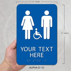 ALPHA DOG ADA SIGNS - Custom Restroom Sign with Braille for Your Business, 9x6 Inch, ADA Compliant, Indoor or Outdoor, Easy Installation, Made in the USA, Blue