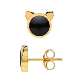 Silvershake 6MM Natural Round Shape Black Onyx Inlay 14K Yellow Gold Plated 925 Sterling Silver Cat Face Pet Cute Stud Earrings Jewelry for Women