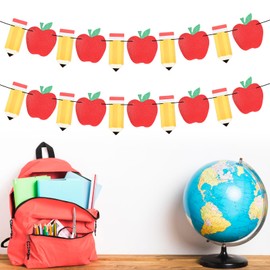 2Pcs 9.8ft Pencil Apple Back to School Banner for Back to School Decorations, First Day of Schools Classroom Decorations Party Supplies, Red and Yellow Glitter Classroom Banner for Welcome Students