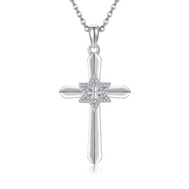POPLYKE Jewish Star of David Necklace 925 Sterling Silver Cross Star of David Pendant Christian Religious Jewelry for Women Men