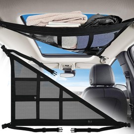 rloao Car Ceiling Storage Net, Triangular Type, 2-Layer Type, Roof Net, With Zipper, 31.5 x 20.9 inches (80 x 53 cm), Won't Affect Window Opening