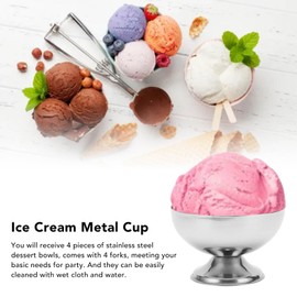 Ice Cream Bowl Set, 4Pcs Food Grade Stainless Steel Dessert Bowls with Forks, Metal Serving Bowls Pudding Cup Snack Dessert Cups, Birthday Party Favor Supplies Decorations