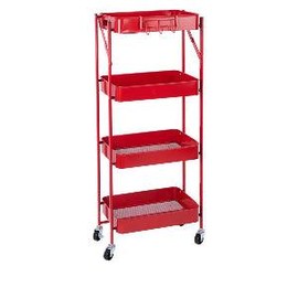Origami 4 Tier Foldable Powder-Coated Metal Cart with Caster Wheels Organizer:_Red