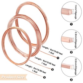 BENECREAT 3 Roll 18/20/22 Gauge Square Copper Wires, Raw Copper Beading Wire for DIY Jewelry Ring Bracelets Earring Craft Making, 19.69 Feet/Roll