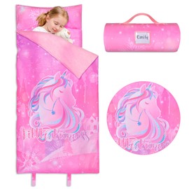 Toddler Nap Mat with Pillow, Nap Mats for Preschool Daycare Kindergarten, Unicorn Sleeping Bag Sleep Mat Kindermat for Kids Toddlers Girls Age 2-6 Years, Pink Horse