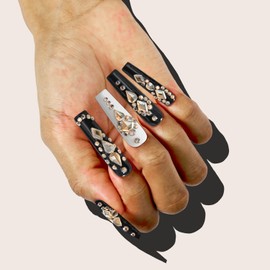 Krystil Press On Nails - 24 Nails Kit, Black Acrylic Nails 3D Rhinestone Stick on False Nails, Long Square Reusable Fake Nails with Glue | Salon Quality | Sparkling Scepter
