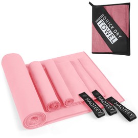 Haoteey Quick Dry Travel Towel, 3 Sizes 1 Pack Camping Microfiber Towel, Lightweight Fast Drying Towels Set 60"x30", 30"x15", 15"x15" w/Bag for Gym, Beach, Hiking, Swimming, Pink