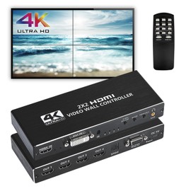 2x2 HDMI Video Wall Controller 4K HD Display 2x2/ 1x1/ 1x2/ 1x3/ 1x4/ 2x1/ 3x1/ 3x1/ 4x1 1920x1080P 60Hz HDMI DVI RS232 Video Input 4 HDMI Output with Remote Control, Edge Output, 180° Rotation, 8