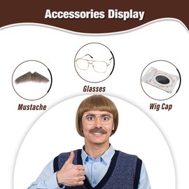 FantaLook Short Straight 60 70s Bowl Cut Funny Wig with Glasses and Mustache for Men Crazy Mushroom Cosplay Wig for Halloween (Light Brown)