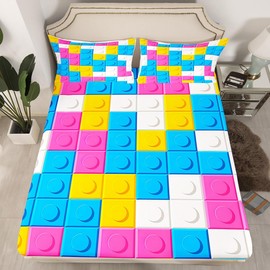 Erosebridal 3D Building Blocks Bed Sheets Set Full, Colorful Construction Sheet Set for Children, Rainbow Brick Sheets Funny Patchwork Geometric Rectangle Flat Fitted Sheet