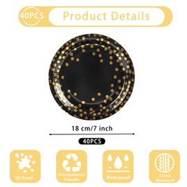 Yinbanban Stylish Paper Plates 40 Count,Eco Compostable Plates,7 inch Foil Polka Dots Black Small Paper Plates Disposable Plates for Daily Use,Party,Easter, Birthday,Wedding