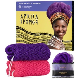 Esponja de red africana auténtica, 2 piezas, esponja de lufa exfoliante africana real con nudos, paños de lavado de red africana para exfoliante corporal, exfoliante de espalda morado y rosa para