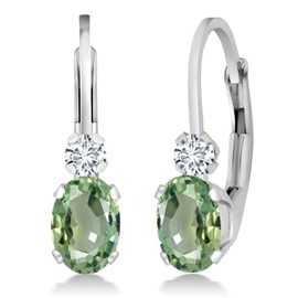 Gem Stone King 925 Sterling Silver Gemstone Birthstone and White Diamond Drop Leverback Earrings for Women | Oval 6X4MM and Round 2MM | 3/4 Inch
