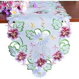 Spring Flowery Table Runner 13X34 Embroiderd Cutwork Floral Flowers Fabric Dresser Scarf for Home Kitchen Dining Room Easter Holiday Tabletop Decoration (Runner 13"×34", White)