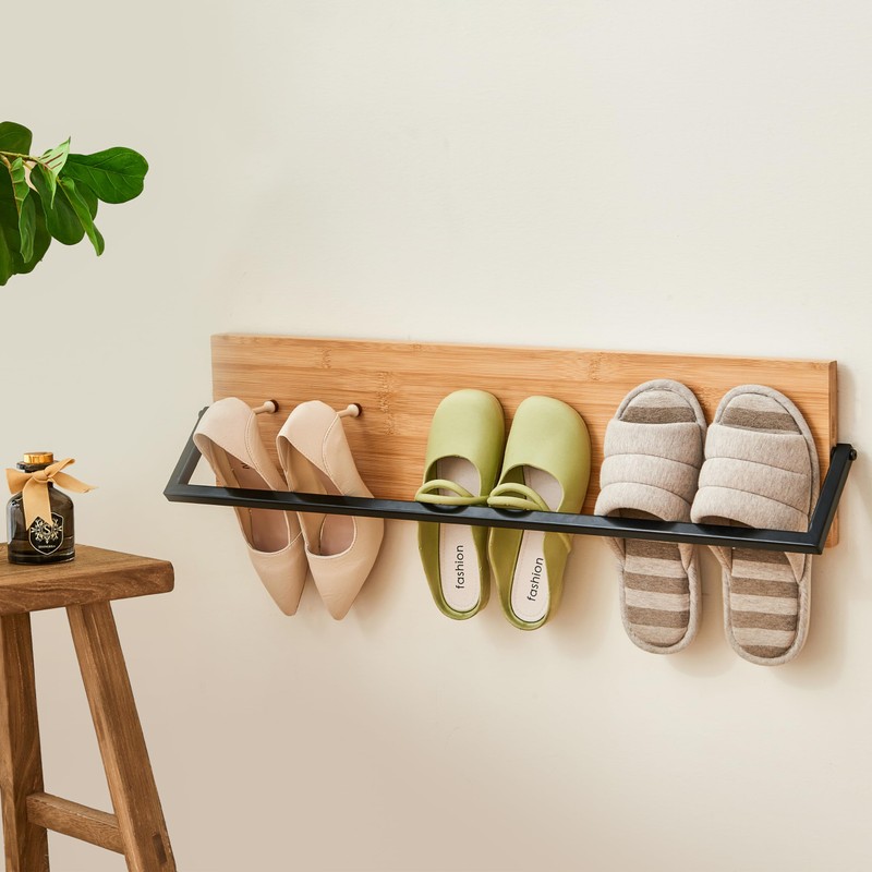 WONKAHOMES Wall Mounted Shoe Rack Scandinavian Bamboo & Metal Shoe
