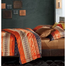 Bohemian Duvet Cover Striped Ethnic Boho Reversible Southwestern 400TC Cotton Bedding 3pc Set Navy White Copper Modern Geo Aztec Print (Queen, Fire Orange)