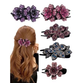 5 Pcs Double Flower Rhinestone Hair Clips fancy decorative hair clip hair accessories for women crystal hair barrettes hair decorations women thick hair (Japanese Style)