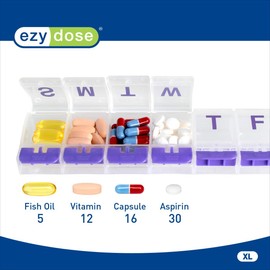EZY DOSE Weekly (7-day) Push Button Pill Organizer and Planner (XL)│ Arthritis Friendly, X-Large, clear (67571), Colors may vary