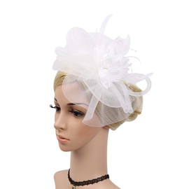 haozaikeji Fascinators for Women Girls, Feather Fascinator Hat Mesh with Headhand, Flower Cocktail Tea Party Headwear for Wending Hen Party Pillbox Hat White