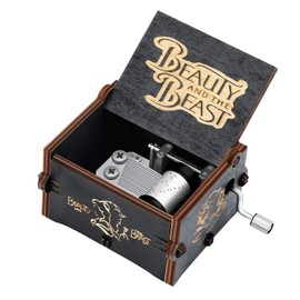 Huntmic Wooden Beauty and The Beast Music Box,Hand Crank Classic Antique Carved Wood Musical Boxes Birthday for Kids Children Black