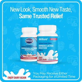 Milkaid Lactase Enzyme Chewable Tablets for Lactose Intolerance Relief, Prevents Gas, Bloating & Diarrhoea, Gluten Free & Vegan, Rasberry, 120 Count