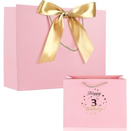 FUNCANDLE Pink Happy 3rd Birthday Gifts Bag with Greeting Handles and Ribbon for Girls 3 Year Old Birthday Gifts Wrapping Bag for Party Favors Goodie Wrapping Bag Decorations Supplies