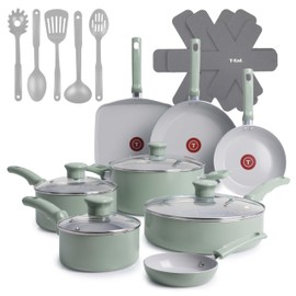 T-Fal Refresh Ceramic Nonstick Cookware Set, 20-Piece, Oven Safe to 350°F, Stockpot, Ceramic Pots and Pans Set, Frying Pans, Griddle, Utensils, Mint Green