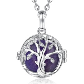 INFUSEU Amethyst Crystal Tree of Life Necklace for Women Healing Purple Stone Jewelry Mood Protection Ball Pendant Positive Energy Rock Holder Cage Spiritual Gifts