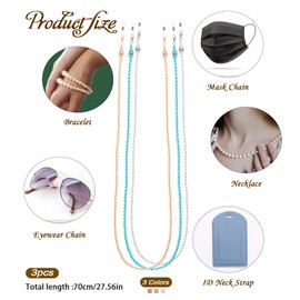 Vin Beauty 3 Pcs Glasses Chain, Pearl Eyeglass Chain, Beaded Eyeglass Chain Sunglasses Holder Strap, Eye Glass Holders Necklaces, Pearl Masks Chian for Women(White&Light Blue&Light Brown)