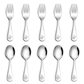TeamFar 10 Pieces Toddler Utensils, Stainless Steel Kids Silverware Small Toddler Forks and Spoons, Children Safe Flatware Cutlery Set - 5 Forks & 5 Spoons, Mirror Surface, Dishwasher Safe
