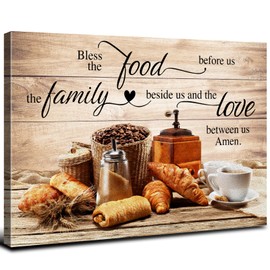Christian Wall Art Kitchen Wall Decor Bless The Food Quote Dining Room Pictures Rustic Coffee Art Wall Decor Farmhouse Canvas Prints Painting Family Artwork for Restaurant Home Decoration 12x16"