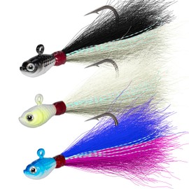 Dr.Fish 3 Pack Bucktail Jig Lure Hair Jig Saltwater Freshwater Lures Surf Fishing White Black Blue Bass Flounder Striper Bluefish Halibut Redfish 2oz