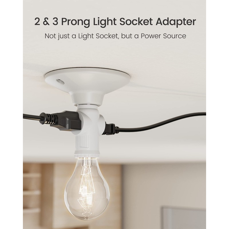 2-Pack Light Socket to Plug Adapter, JACKYLED E26/E27 3 Prong