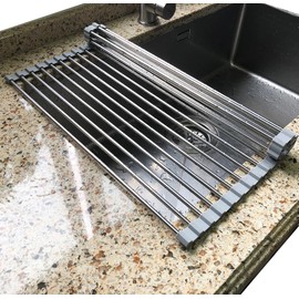 Tomorotec Roll Up Dish Drying Rack Over The Sink Grey Large Dish Drying Rack Rolling Foldable Collapsible SUS304 Stainless Steel Multipurpose Dish Drainer for Kitchen Counter (21”x15.7”)