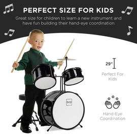 Best Choice Products Kids Beginner 3-Piece Drum, Musical Instrument Set w/ Sticks, Cushioned Stool, Drum Pedal - Color: Black