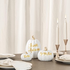 DN DECONATION 3 Pcs Fall Pumpkin Decorations, Faux Artificial White Pumpkin with Gold Words, Decorative Resin Pumpkins Figurines for Autumn Thanksgiving Modern/Neutral/Farmhouse/Indoor Home Decor