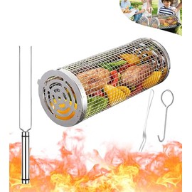 Rolling Grilling Baskets for Outdoor Grill Round Net Tube Mesh Barbecue Cylinder Bbq Stainless Steel Cage Cooking Accessories for Camping, Gift for Men Dad Him Father Papa Husband