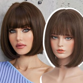 EMMOR Brown Bob Wig with Bangs 13" Short Bob Wigs for Women Heat Resistant Synthetic Wig Natural Looking for Daily Use Party and Cosplay(Brown)